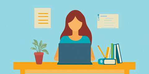 representation of a business woman during office hours working in her laptop. Vector image