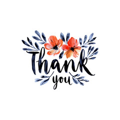 Watercolor illustration of the words "thank you" surrounded by flowers and leaves in blue and orange colors.