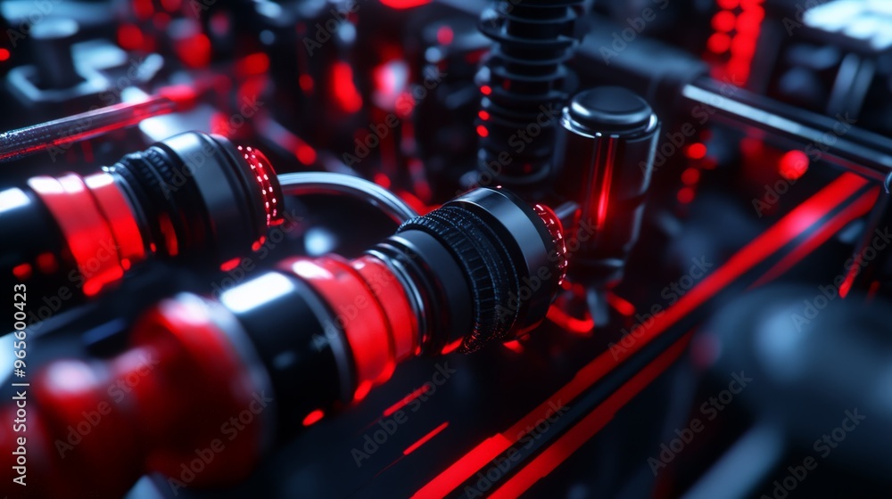 Poster close-up of a futuristic circuit board with red and black components, highlighting intricate details