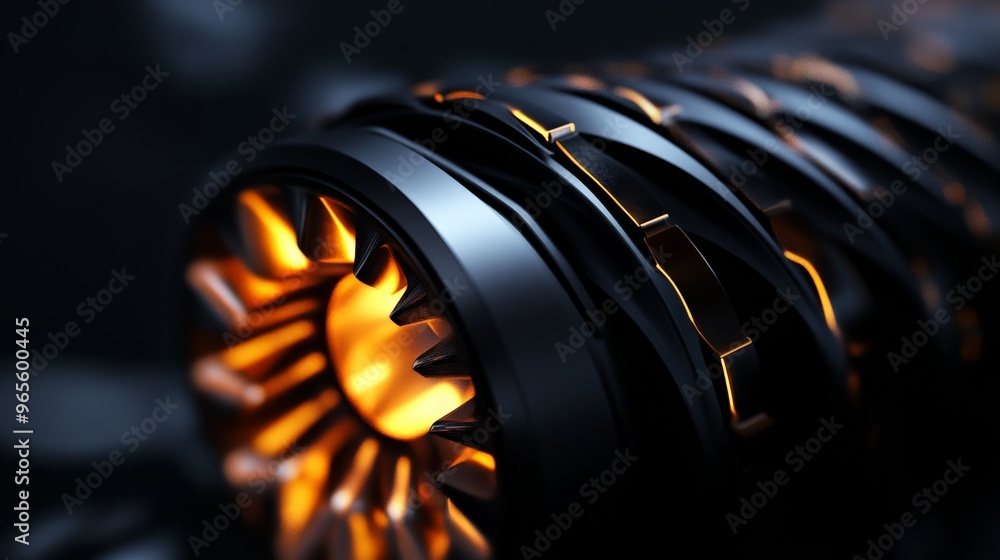 Poster close-up of a futuristic metallic engine component with glowing orange lights, showcasing advanced t