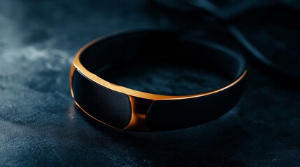 Close-up of a modern black and gold bracelet on a dark textured surface, showcasing sleek design and elegance.