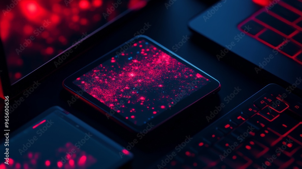 Poster close-up of electronics with glowing red lights, showcasing modern technology and digital interface 
