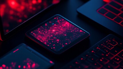 Close-up of electronics with glowing red lights, showcasing modern technology and digital interface details in a dark environment.