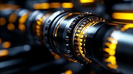 Close-up of futuristic glowing mechanical gears, showcasing intricate metallic details and vibrant yellow lighting, industrial precision.