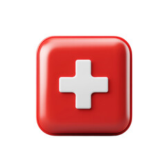 Obraz premium A glossy red square icon featuring a white cross, symbolizing medical assistance or emergency services