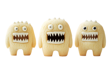 Cute monsters cookies with big eyes and sharp teeth isolated on white transparent background. Fun and whimsical dessert concept for parties or Halloween