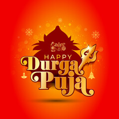 Happy Durga Puja with kalash pot logo design for Navratri festival. Vector Bright red festive background.