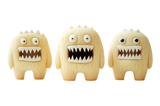 Cute monsters cookies with big eyes and sharp teeth isolated on white transparent background. Fun and whimsical dessert concept for parties or Halloween