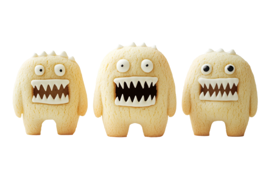 Cute monsters cookies with big eyes and sharp teeth isolated on white transparent background. Fun and whimsical dessert concept for parties or Halloween