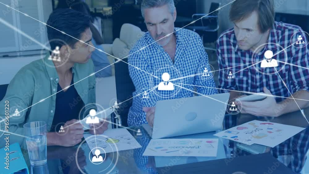 Poster animation of network of connections with icons over diverse colleagues discussing work in office