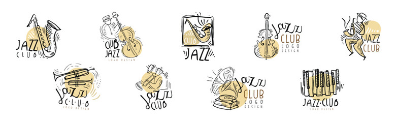 Jazz Club Logo Design with Hand Drawn Element Vector Set