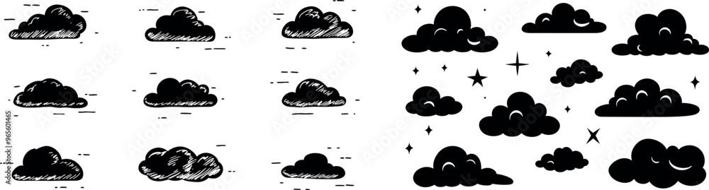 Poster Celestial elements of Chinese and Curl clouds in linear and silhouette styles..