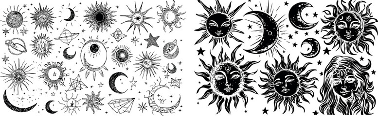 Celestial mystic esoteric magic elements. Different stages of the moon, zodiac signs.