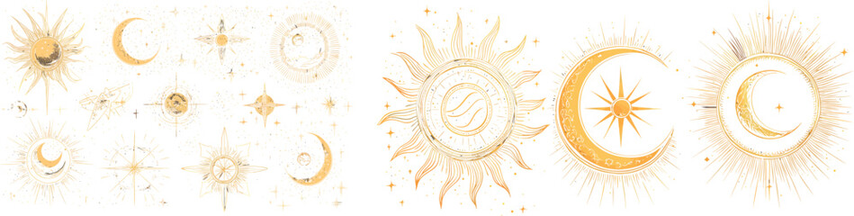 The art of alchemy tattoo object with sunburst linear and silhouette style. Mystic esoteric magic element with sun, moon