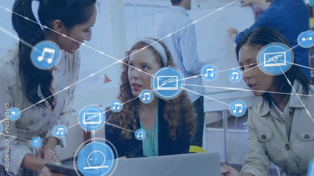 Poster animation of network of connections with icons over diverse colleagues discussing work in office