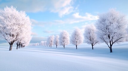 A row of trees covered in snow on a sunny day, AI