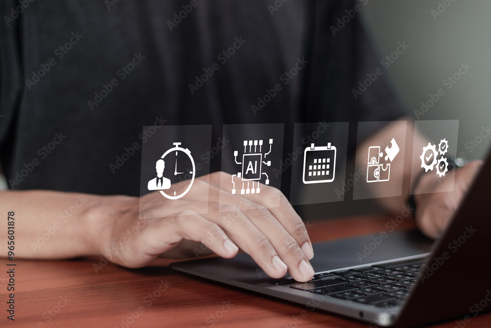 Poster businessman manages working time on laptop using artificial intelligence technology. time management