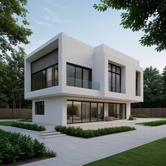 Modern luxury house with a well-manicured lawn..