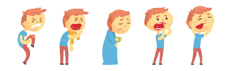 Boy Character Feel Unwell Suffer from Disease Symptoms Vector Set