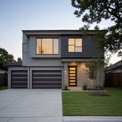 Modern luxury house with a well-manicured lawn..