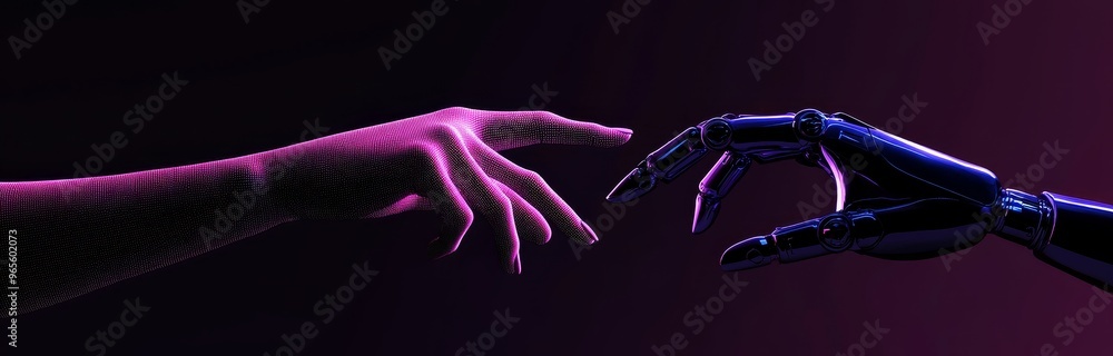 Poster machine learning. stock. stock. robot touching a human. the technological transition and innovation 