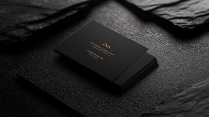 Elegant black business card with gold lettering on textured black background, showcasing sophistication and professionalism.