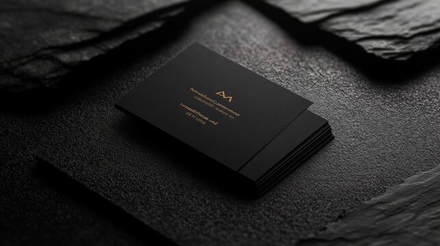 Elegant black business card with gold lettering on textured black background, showcasing sophistication and professionalism.