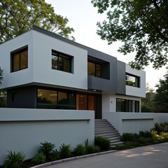 Modern luxury house with a well-manicured lawn..