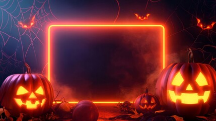 An Eerie and Spooky Halloween Background with Pumpkins and Orange Neon Frame for Text