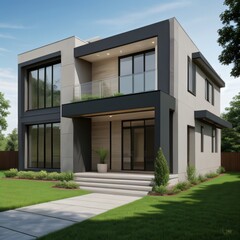 Modern luxury house with a well-manicured lawn..