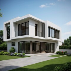 Fototapeta premium Modern luxury house with a well-manicured lawn..