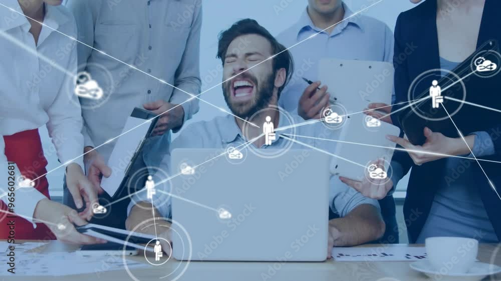 Poster animation of network of connections with icons over diverse colleagues discussing work in office