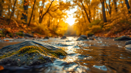 Fototapeta premium Seasonal beautiful landscape magical river in autumn forest at sunlight. Serene peaceful fall nature background. Calm creek, mountain stream cascade down colorful trees. Perfect autumnal AI generated 