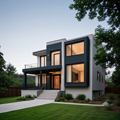 Modern luxury house with a well-manicured lawn..