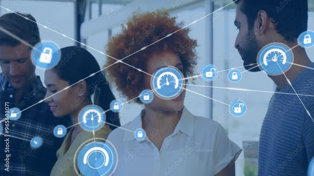 Poster animation of network of connections with icons over diverse colleagues discussing work in office