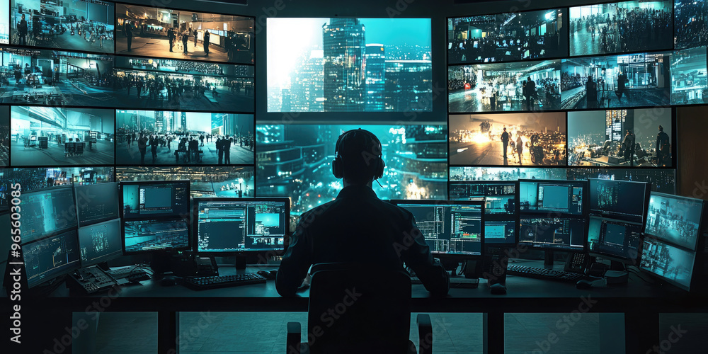 Poster a security operator works in a dark room full of computer screens displaying footage from surveillan