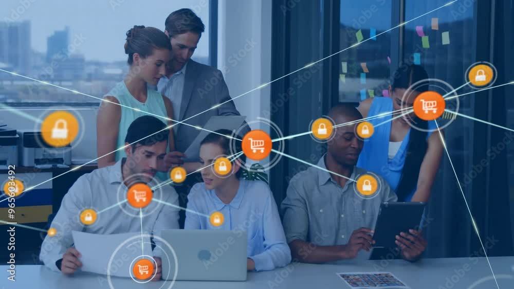 Poster animation of network of connections with icons over diverse colleagues discussing work in office