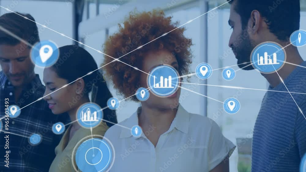 Poster animation of network of connections with icons over diverse colleagues discussing work in office