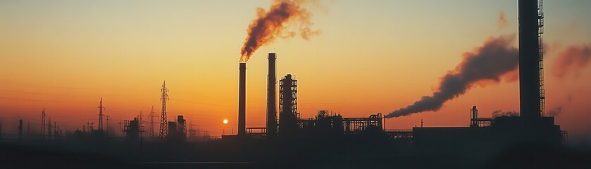 Obraz premium image captures an old factory at sunset, showcasing smokestacks silhouetted against vibrant sky. scene evokes sense of nostalgia and industrial beauty