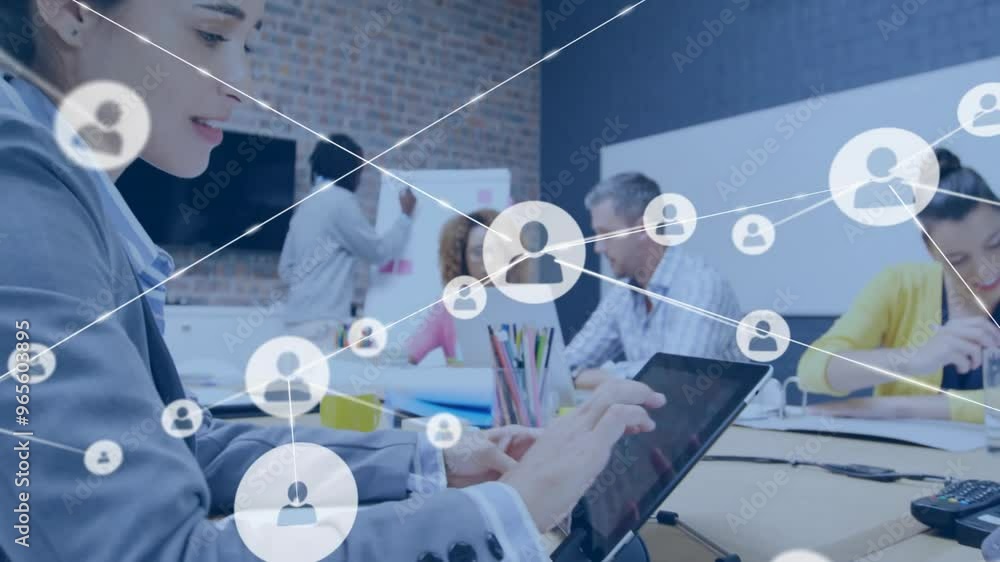 Poster animation of network of connections with icons over diverse colleagues working in office