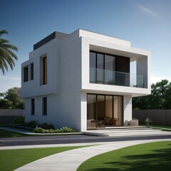Fototapeta premium Modern luxury house with a well-manicured lawn..