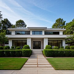 Modern luxury house with a well-manicured lawn..