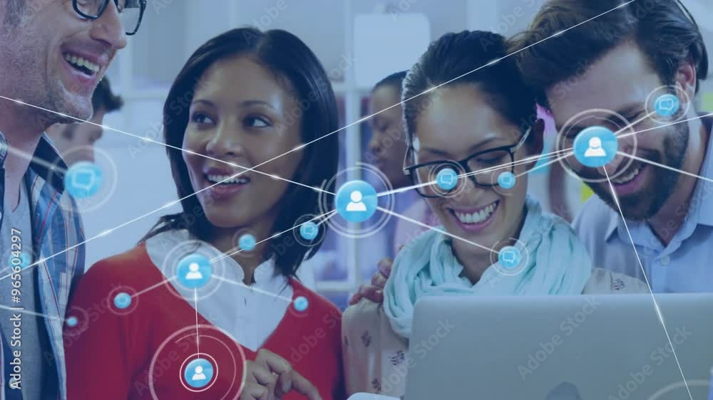 Poster animation of network of connections with icons over diverse colleagues discussing work in office