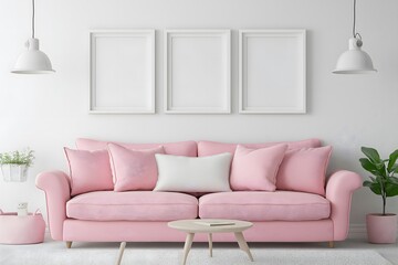 Wall Art Mockups in Modern Minimalist Living Room with Pink Sofa 