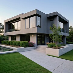 Fototapeta premium Modern luxury house with a well-manicured lawn..