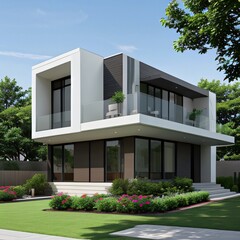 Modern luxury house with a well-manicured lawn..