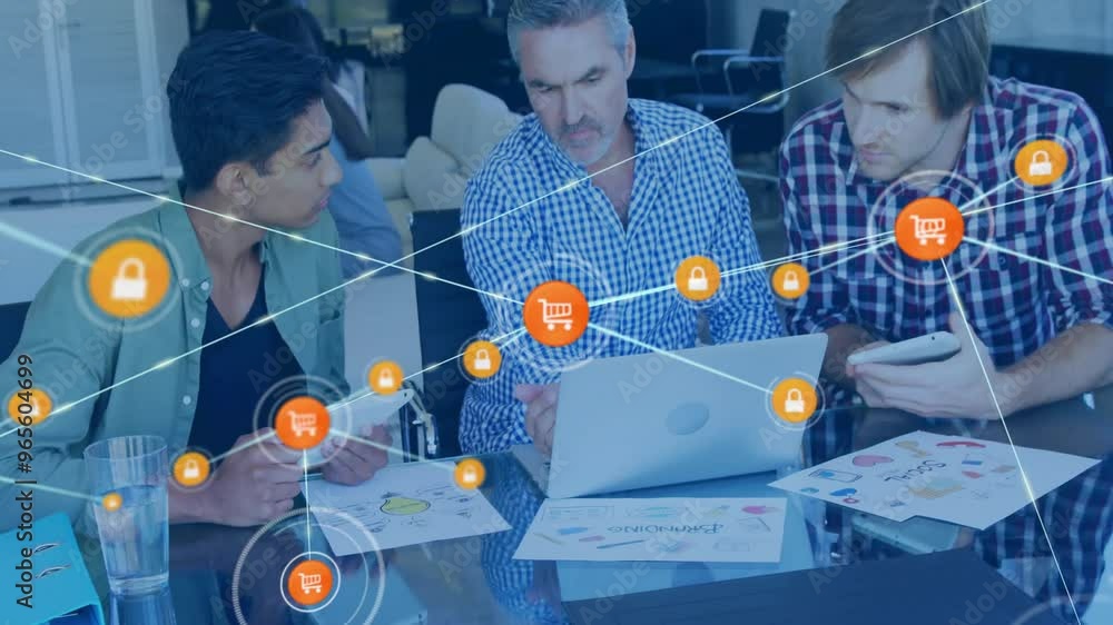 Poster animation of network of connections with icons over diverse colleagues discussing work in office