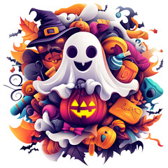 Playful Ghost with Trick-or-Treat Bag Surrounded by Halloween Treats and Decorations, Halloween Clipart in Cartoon Style with Vibrant and Festive Details on Transparent Background