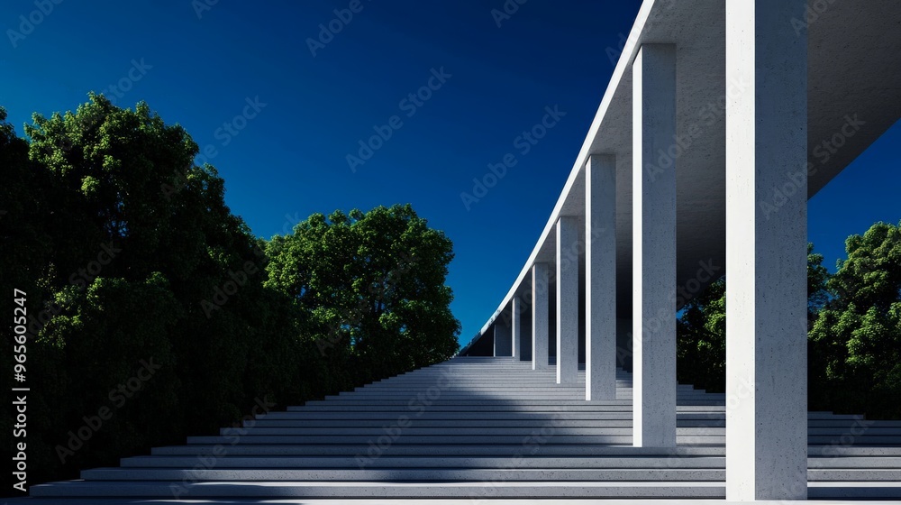 Poster modern architectural structure with white columns in a serene outdoor setting with lush greenery and