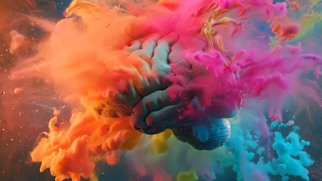 vibrant and dynamic illustration of a human brain, split into two hemispheres, with splashes of colorful paint exploding outward